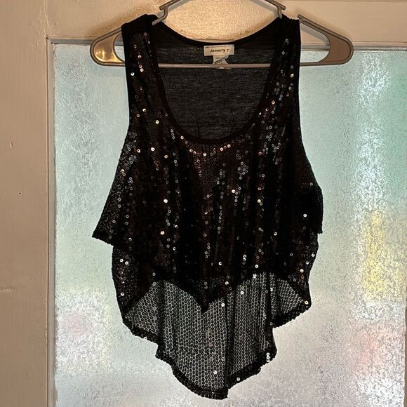 January 7 Women’s Black Sequined Tiered Cropped Asymmetrical Tank top size M - Picture 1 of 6